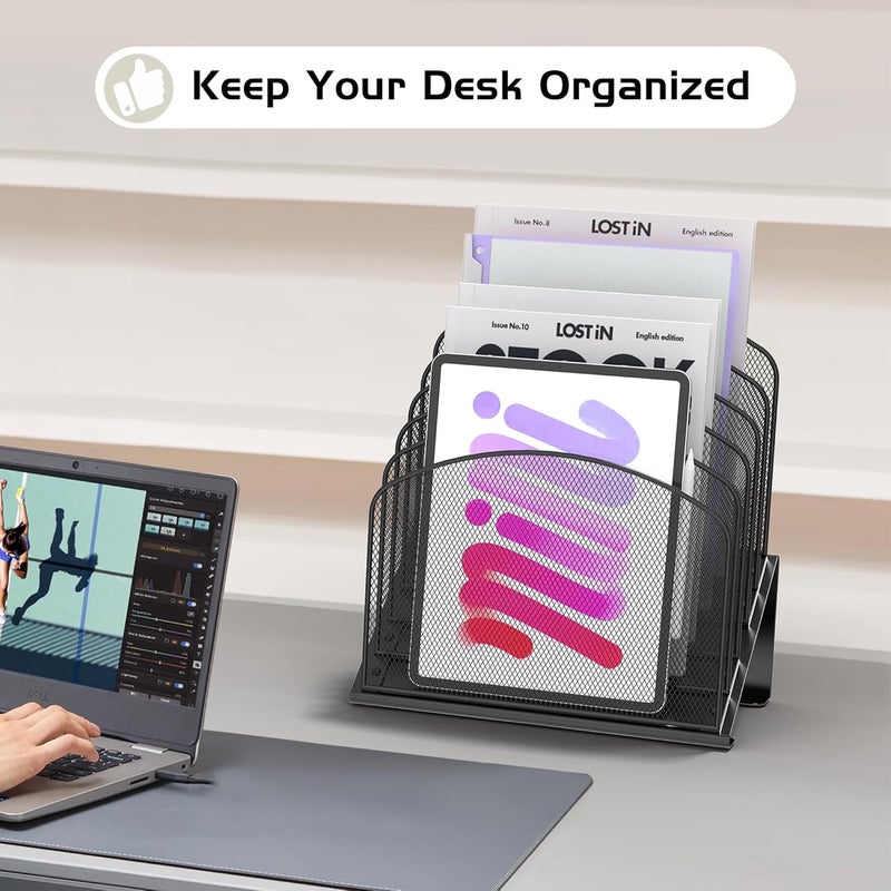 Sinboun Inclined Desk File Organizer Metal Desk Magazine Folder Holder with 5-Section Vertical Compartments Rack File Organizer for Office, Home, School, Black - Image 5